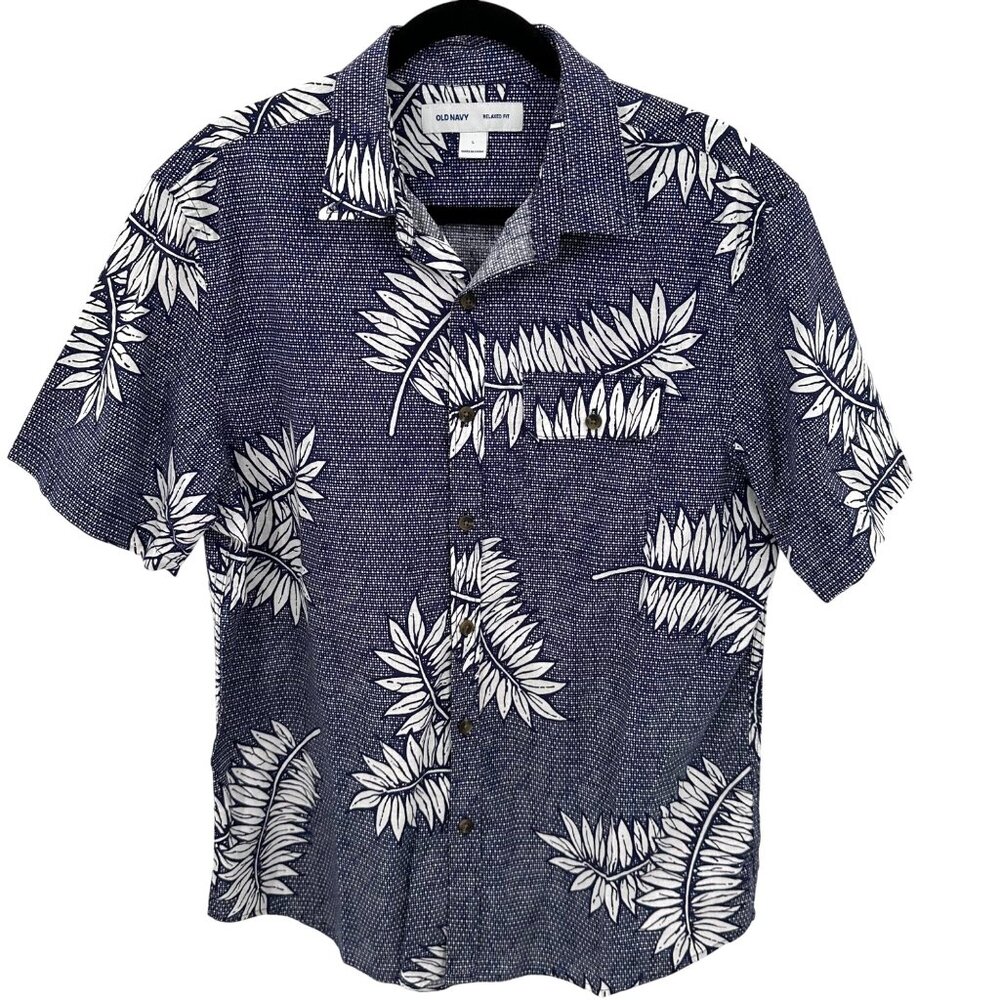 Old Navy Mens Relaxed Fit Navy White Tropical Print Cotton Short Sleeve Shirt L